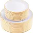 KIRE 100PCS Disposable Plates - White with Gold Rim for Party/Wedding - Includes 50Pieces 10.25inch Dinner and 50Pieces 7.5inch Dessert/Salad Plates
