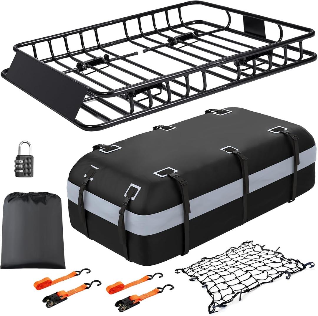 Heavy Duty Universal Rooftop Cargo Carrier Roof Rack, 64"x36"x5" Roof Rack Basket with 20 Cu.Ft Waterproof Bag, for SUV, Truck and Van, 250lbs Capacity, Corrosion Resistant, Steel Construction