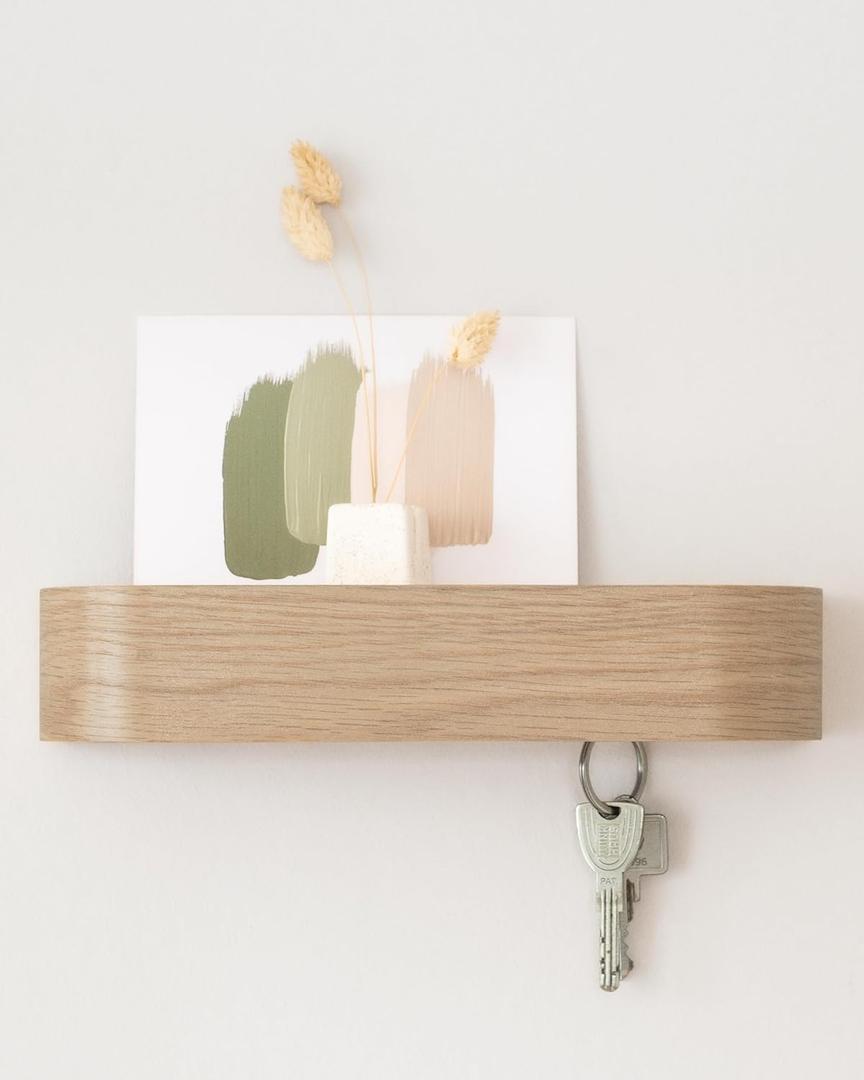 Kazai. Key Holder 'Fyndig' | Minimalist Key Hook Design from Berlin | Modern Key Holder Wall Mount with Wooden Shelf | Key Rack for Wall as Entryway Organizer | Oak, White