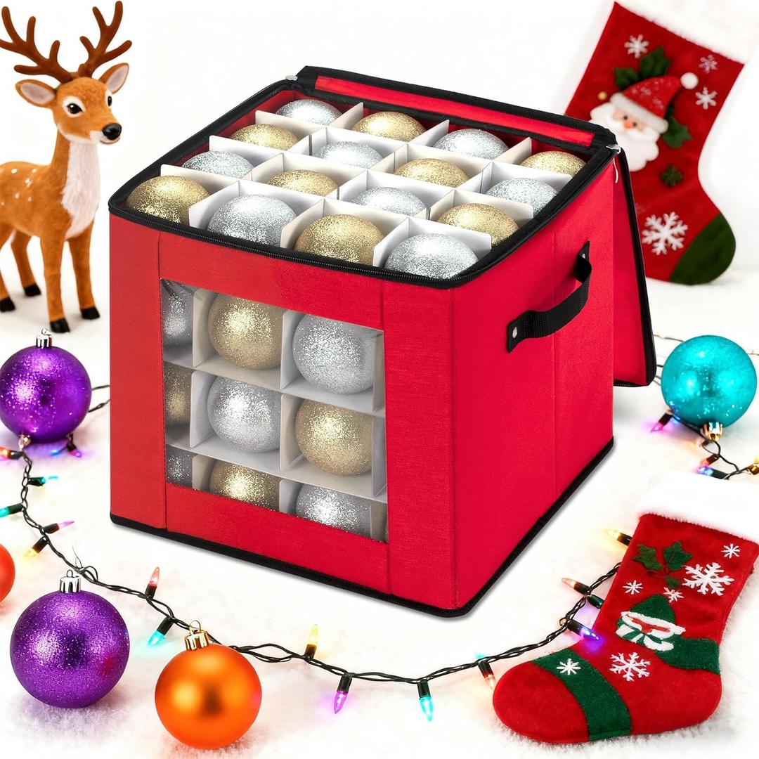 inin Christmas Ornament Storage Box with Adjustable Dividers,Christmas Ornaments Organizer with Zippered Top,Storage Container Bin for Holiday Decorations(64 Ball, Red, Without Tray)