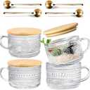 HAPTIME 4 Pcs Vintage Coffee Mugs - 14oz Clear Glass Tea Cups with Lids and Spoons - Ideal Iced Coffee Cups for Housewarming Gifts & Bar Accessories