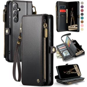 Defencase for Samsung Galaxy S25 FE Case Wallet with RFID Blocking Card Holder for Women and Men, PU Leather Magnetic Snap Flip Zipper Strap Wallet Phone Case for Galaxy S25 FE 5G 6.7", Black