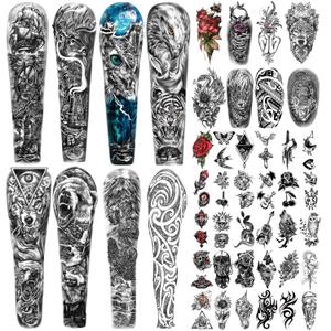 46 Sheets Lion Wolf Full Arm Temporary Tattoo for Women or Men Rose Flower Snake Half Arm Temporary Tattoos for Girls Boys Long Lasting Bird Angel Fake Tattoo for Kids (46 Sheets (Tiny & X-Large), Black)