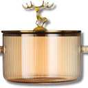 Generic Glass Pot with Ribbed Design & Cute Golden Deer Handle Lid Heat-Resistant Borosilicate Cookware with Ergonomic Double Handles, Oven & Stovetop Safe for Cooking, Serving & Storage