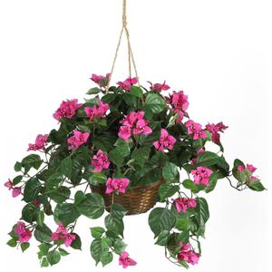 Nearly Natural Artificial Bougainvillea Hanging Flower Basket Faux Plant for Indoor Decoration with Brown Wicker Hanging Basket, 32"D x 32"W x 24"H