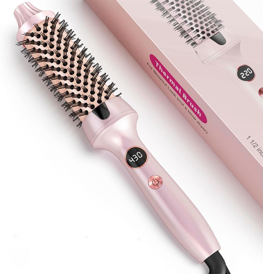 Thermal Hair Brush for Blowout Look, 1.5 Inch Heated Round Brush for Natural Curl,Ionic Curling Iron Wand with Dual Voltage, Volumizing Smoothing Hot Round Brushes, Light Pink