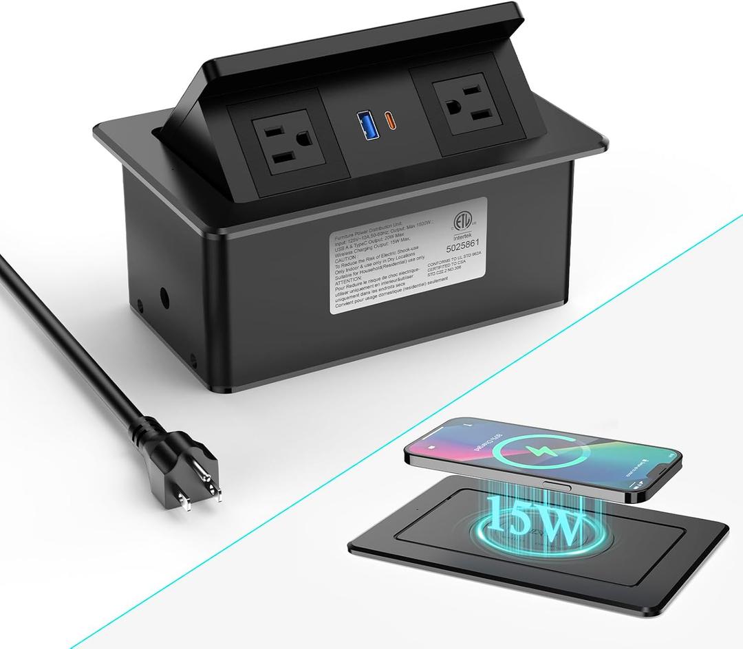 Pop Up Outlet for Countertop with 20W USB C, Pop up Power Outlet with 15W Wireless Charging, 2 AC Outlets and 18W USB A Ports, Recessed Power Strip with 6FT Cords for Office, Conference, Bedroom,Black