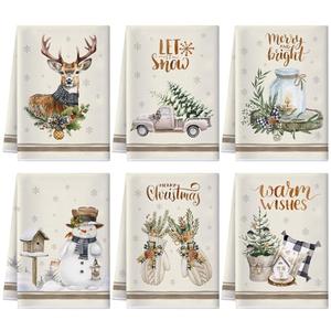 Geyoga 6 Pcs Christmas Kitchen Towels Snowman Christmas Dish Hand Towels Absorbent Xmas Truck Reindeer Vintage Tea Dishcloths for Winter Holiday Bathroom Decor Housewarming Gifts, 16 x 24 Inch