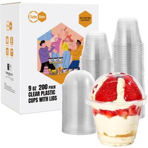 Turbo Bee 200 Pack 9 OZ Clear Plastic Cups with Dome Lids, Disposable Dessert Cups with Lids for Fruit, Snack Smoothie, Pudding and Ice Cream (No Hole)
