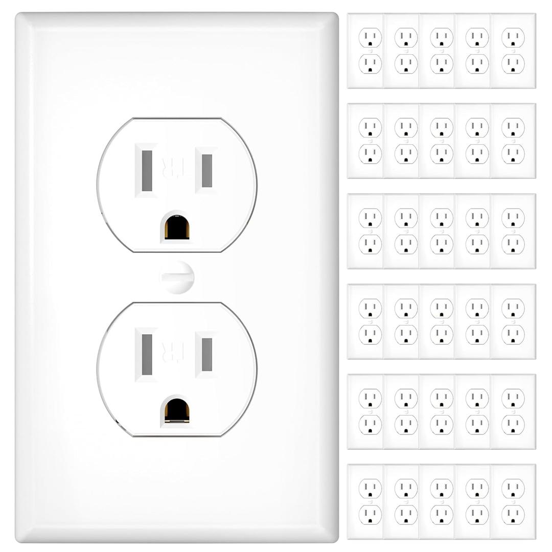 Amico 30 Pack 15 Amp Duplex Outlets with Wall Plates Bundle, UL Listed, Heavy-Duty 2-Pole 3-Wire Tamper Resistant Electrical Outlets Receptacles, Self-Grounding, Suitable for Home and Business, White