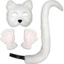 FunMular Therian Mask and Tail Cat Masks Animal Tail Fox Glove Set Furry Paws for Halloween Party Costume (White)
