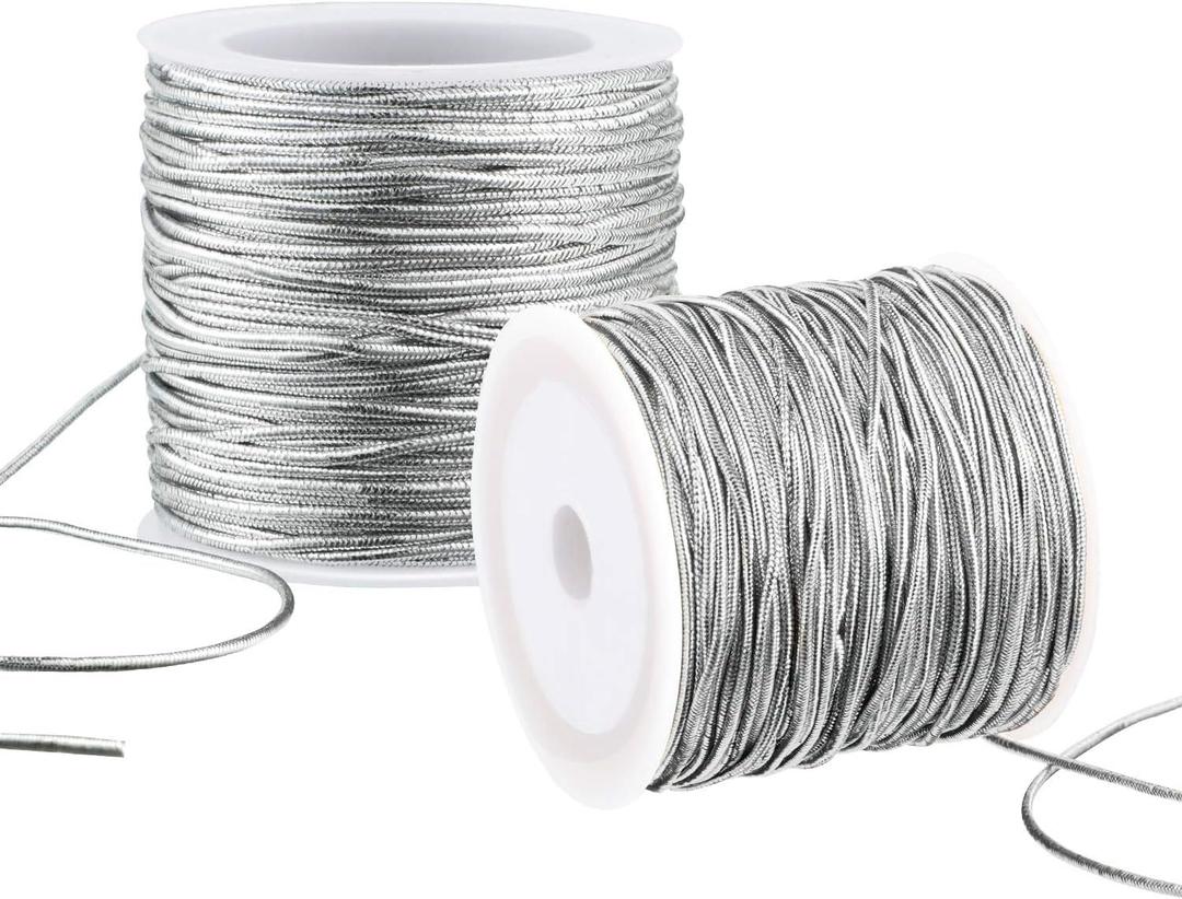 2 Rolls Metallic Elastic Cords Stretch Cord Ribbon Metallic Tinsel Rope for Craft Making Gift Wrapping, 1 mm 55 Yards (Silver)