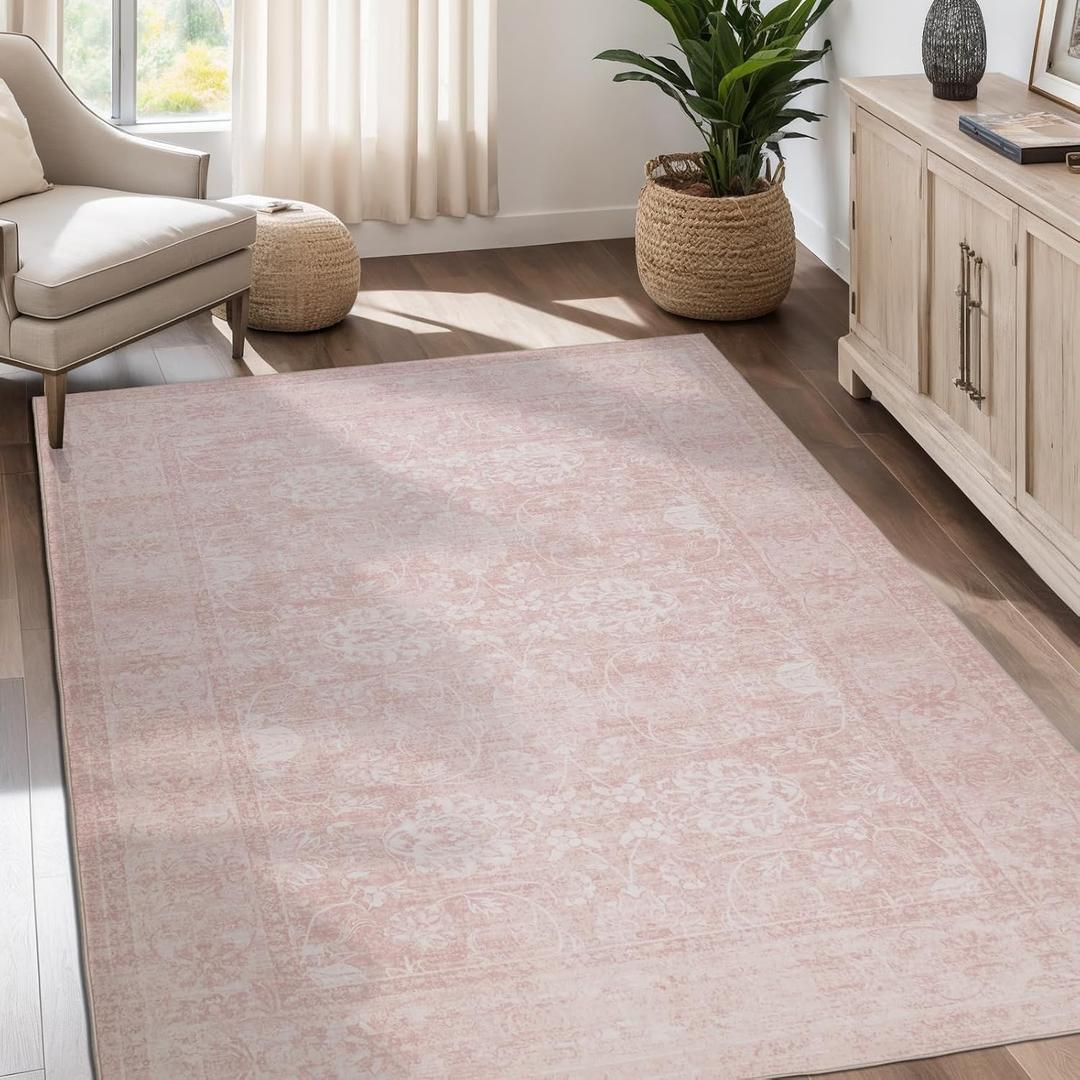 8x10 Vintage Washable Area Rug for Living Room,Low Pile Non Slip Carpet Non-Shedding Large Area Rug Soft Indoor Stain Resistant Rug Floral Print Mat for Bedroom Dining Room Pink