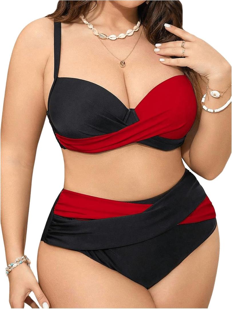 OYOANGLE Women's Plus Size Color Block Bikini Sets High Waisted Swimsuit Two Piece Push Up Bathing Suits (X-Large, Red and Black)