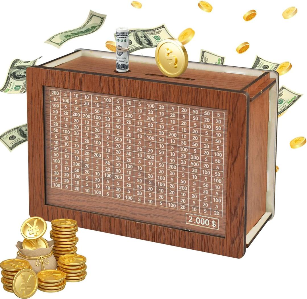 Wooden Piggy Bank for Adults, Cash Coin Savings Box with Counter for Savings Goal $1000, $2000, $5000, $10000. Best Gift for Friends (2000)