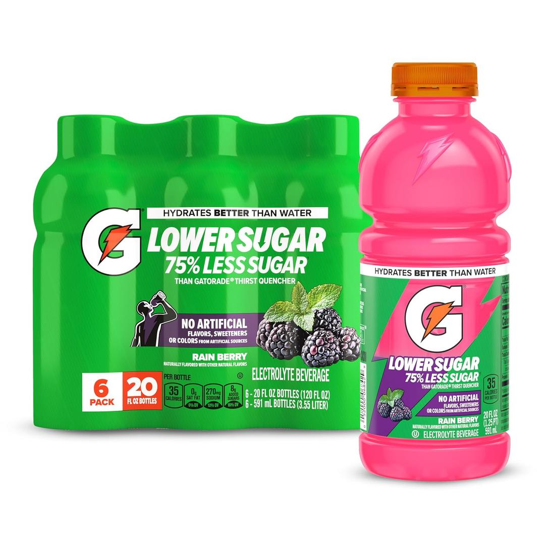 Gatorade Lower Sugar Electrolyte Sports Drink, Rain Berry, 20 fl oz Bottles, (6 Pack), 75% Less Sugar, No Artificial Flavors, No Artificial Sweeteners, No Artificial Colors, Hydration (EXP 08/20/26)