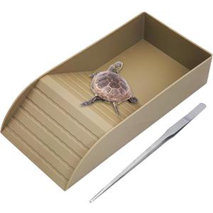 kathson Tortoise Water Dish with Ramp and Basking Platform, Reptile Water Bowl Turtle Soaking Tub Hermit Crab Bathing Pool for Amphibians Habitat Accessories (Brown) (12" L x 5.9" W x 2.36" H, Style 1-Brown)