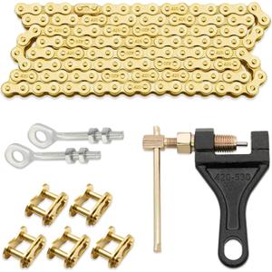 ASDFGHT 420 Chain 420 Standard Roller Chain 132 Link, Gold 420 Drive Chain for 110 125cc Dirt Pit Bike, ATV Quad Go Kart Scooter Mini Bike (With Chain Breaker +0.4" Chain Axle Adjuster)