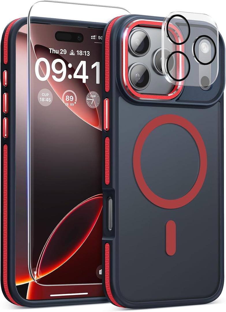 Magnetic 3 in 1 for iPhone 17 Pro Max Case, [Omni-Directional Protection] with 1x Screen Protector + 1x Camera Cover, [Seamless Work with Magsafe] Protective Silm Matte Case for iPhone 17 Pro Max Red
