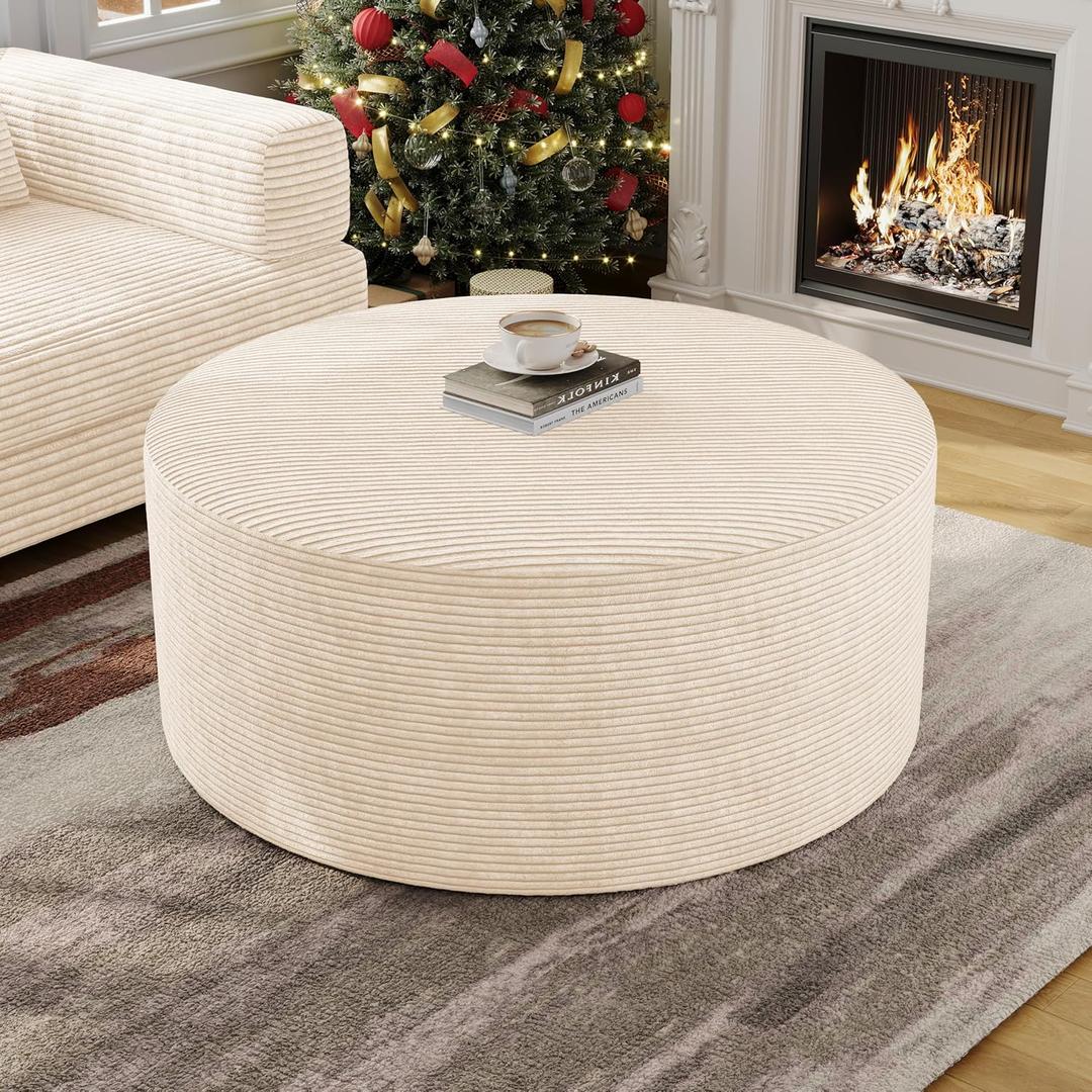 BSHOMGI Round Ottoman,Corduroy Ottomans Foot Stool, 27.5" Pouf Footstool Ottomans Seat, Round Footrest, Modern Side Table for Living Room Bedroom Home Decor No Assembly Require (Beige, 32")