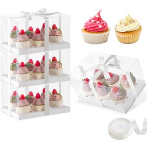 JCD 4 Pack Clear Cupcake Boxes, Plastic Cupcake Containers with Gift Ribbon, 5.5inches height Holder 6 Count Cup Cake Boxes for Parties, Baking, Wedding, Transport (6count/4pcs)
