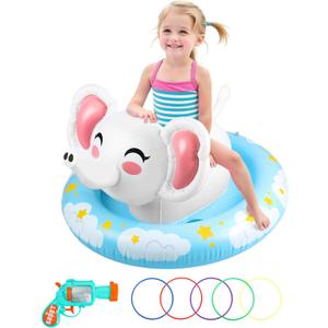 Inflatable Swimming Rings, Cute Elephant Pool Floats for Kids with Seat and Handle, Swim Ring Tubes Pool Tubes Floats with 5 Colorful Rings & Kids Water Toy for Beach & Pool Party Supplies