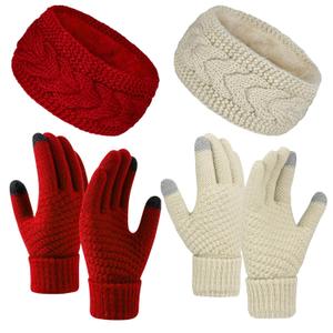 4Pcs Touchscreen Gloves Winter Headbands for Women, Touch Screen Winter Gloves Ear Warmers for Cold Weather Running (Red Beige)
