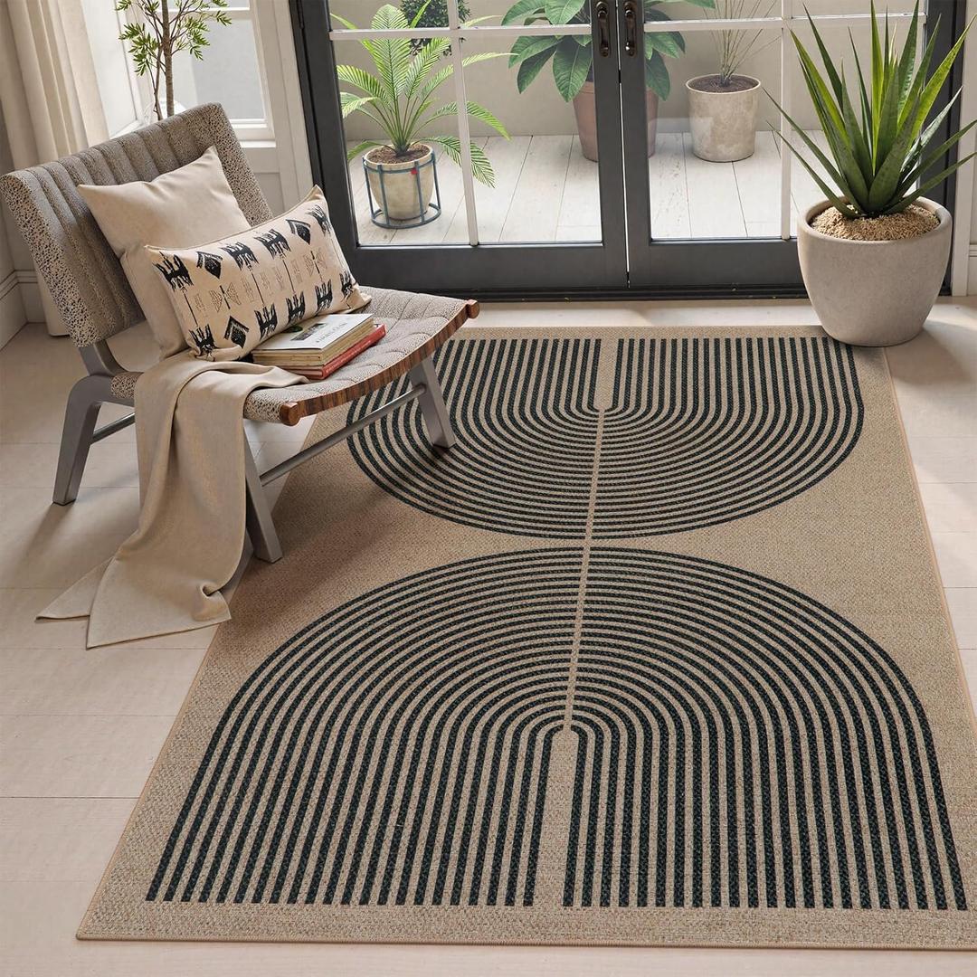 Lahome Enfys Modern Rainbow Easy Jute Office Rug, Outdoor Patio Rug 4x6 for Living Room Washable Carpet for Bedroom, Farmhouse Contemporary Non Slip Non Shedding Black Carpet for Backyard