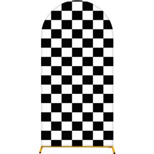 Arch Backdrop Cover 6FT Checker Monster Truck Birthday Party Decorations Arch Cover Spandex Fitted Circle Car Racing Arch Backdrop Covers for Kid Boys Let's Go Racing Party Supplies Black & White