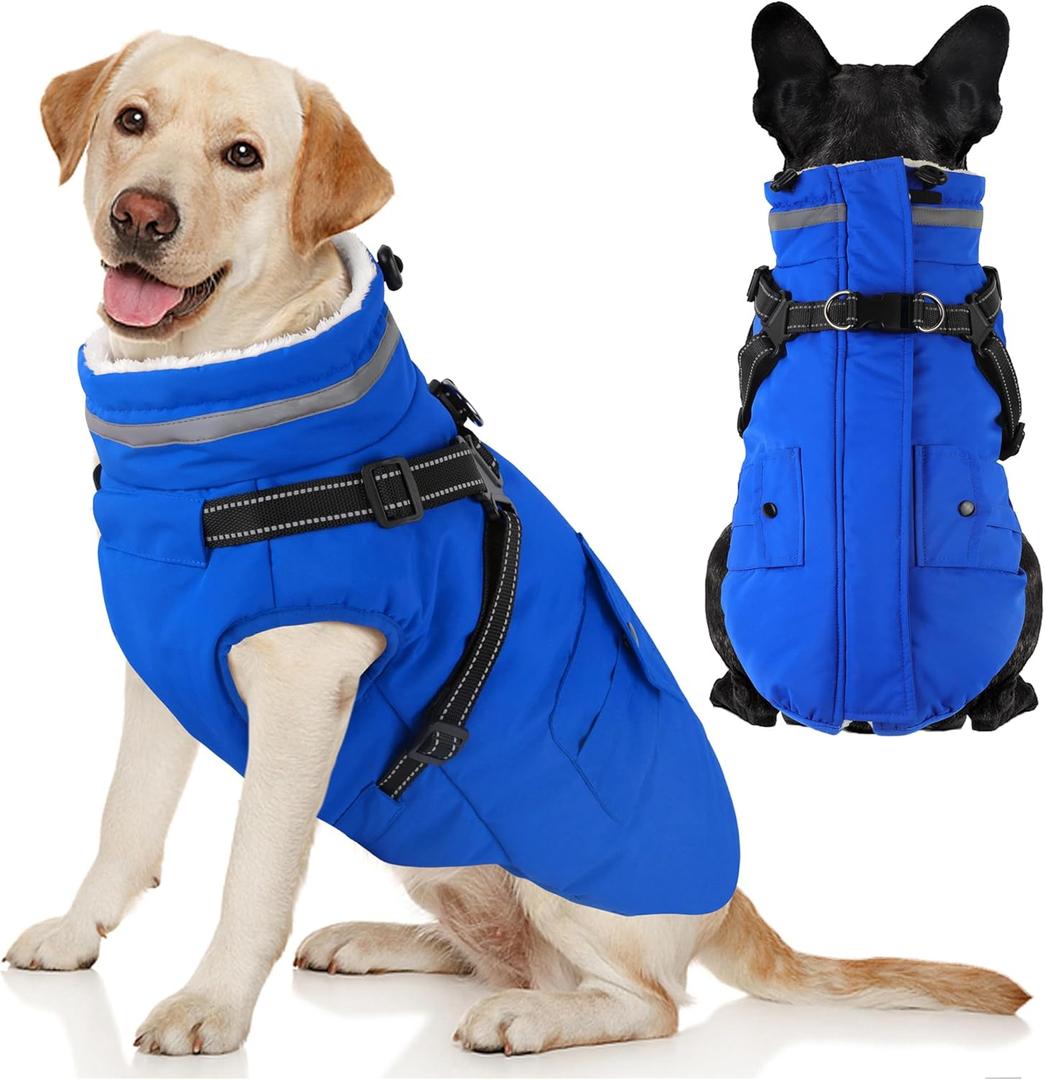 Dogcheer Dog Coat with Harness, Waterproof Warm Dog Winter Jacket with Pockets, Reflective Pet Fleece Jacket Turtleneck Snowsuit for Small Medium Large Dogs - Blue, 3XL (XXX-Large(Chest:42.9" Back:26.8" Neck:26.8"))