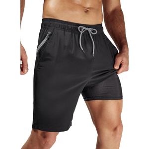 Arcweg Men's Swim Trunks with Compression Liner and Zipper Pockets Quick Dry Bathing Suit Board Swimming Shorts (Large, Black)