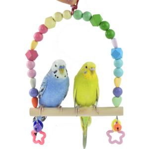 Wooden Bird Swing for Cockatiels Parrot Perch Hanging Toys Parakeets Birdcage Stands Cage Playground Play Gyms Accessories Colorful Bead Bell Climbing Toy for Lovebirds Conures Budgies (Large, Cream)
