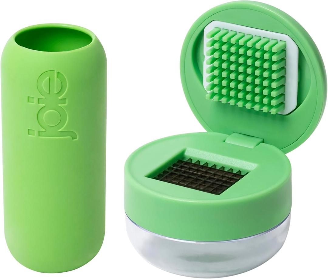 Joie Garlic Press and Chopper with Storage Container, Stainless Steel Blades, Green (Garlic Peeler and Chopper)