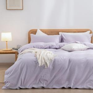 BESTOUCH Duvet Cover Set 100% Washed Cotton Linen Feel Super Soft Comfortable Chic Lightweight 3 PCs Home Bedding Set Solid Taro Purple Full/Double (Full (80" x 90"))