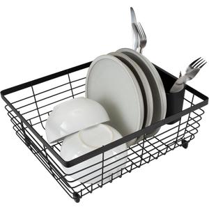 Kitchen Details Flat Wire Countertop or Over The Sink Dish Drying Rack with Cutlery Basket | Holds up 10 Dishes | Mugs | Kitchen Accessories | Black