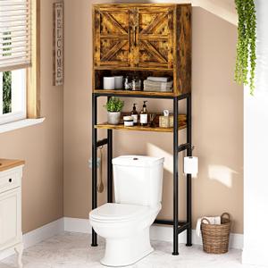 Over The Toilet Storage Cabinet - Farmhouse Bathroom Shelves with Doors Freestanding Organizer Narrow Floor Stand Shelf Above Toilet 71" Tall, Rustic Brown