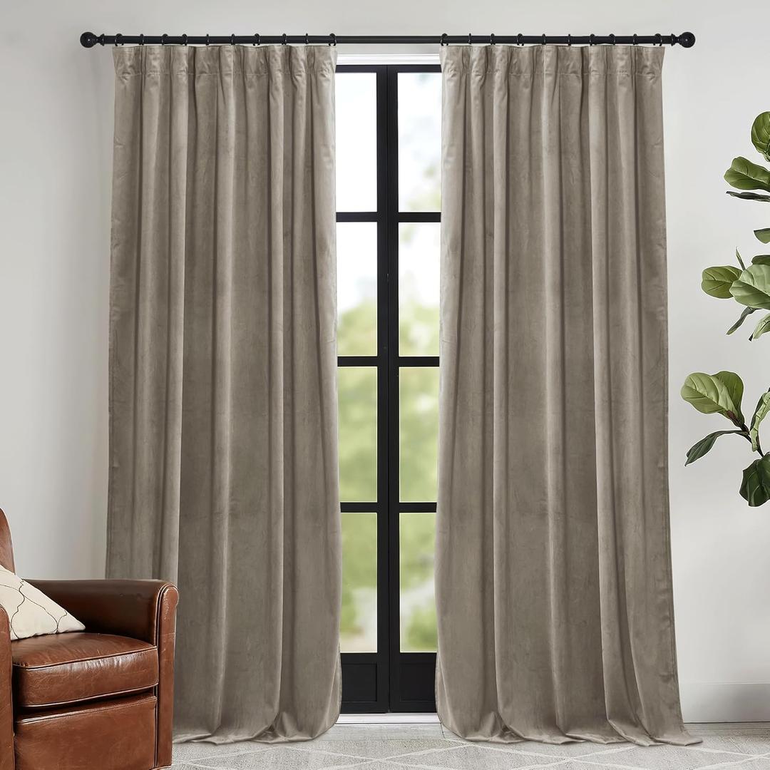 RYB HOME Blush Velvet Curtains 96 inches 2 Panels Set, Thermal Insulated Privacy Protect Decorative Drapes with Hook Tape for Dorm Hotel Room, W 52 x L 96 inches (Taupe)