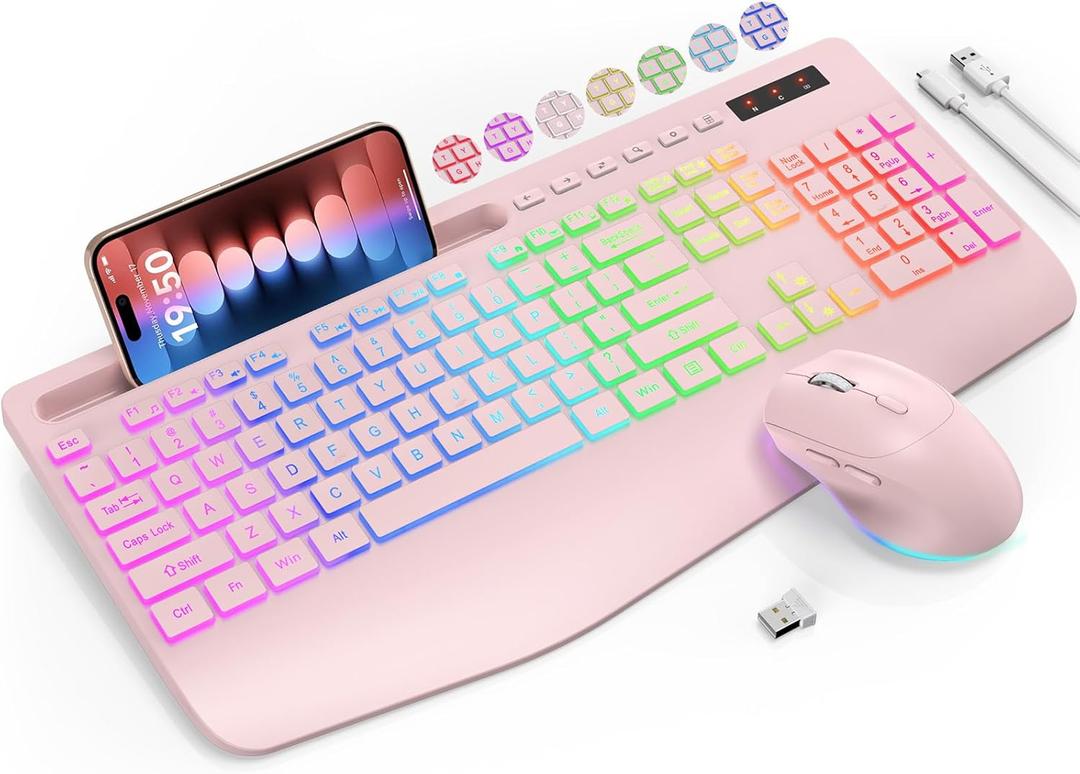 Wireless Keyboard and Mouse Combo, 9 Backlit Effects, Wrist Rest, Phone Holder, 2.4G Lag-Free Ergonomic Keyboards, KM22 MAX Rechargeable Silent Set for Computer, Laptop, Mac, Windows -SABLUTE（Pink）