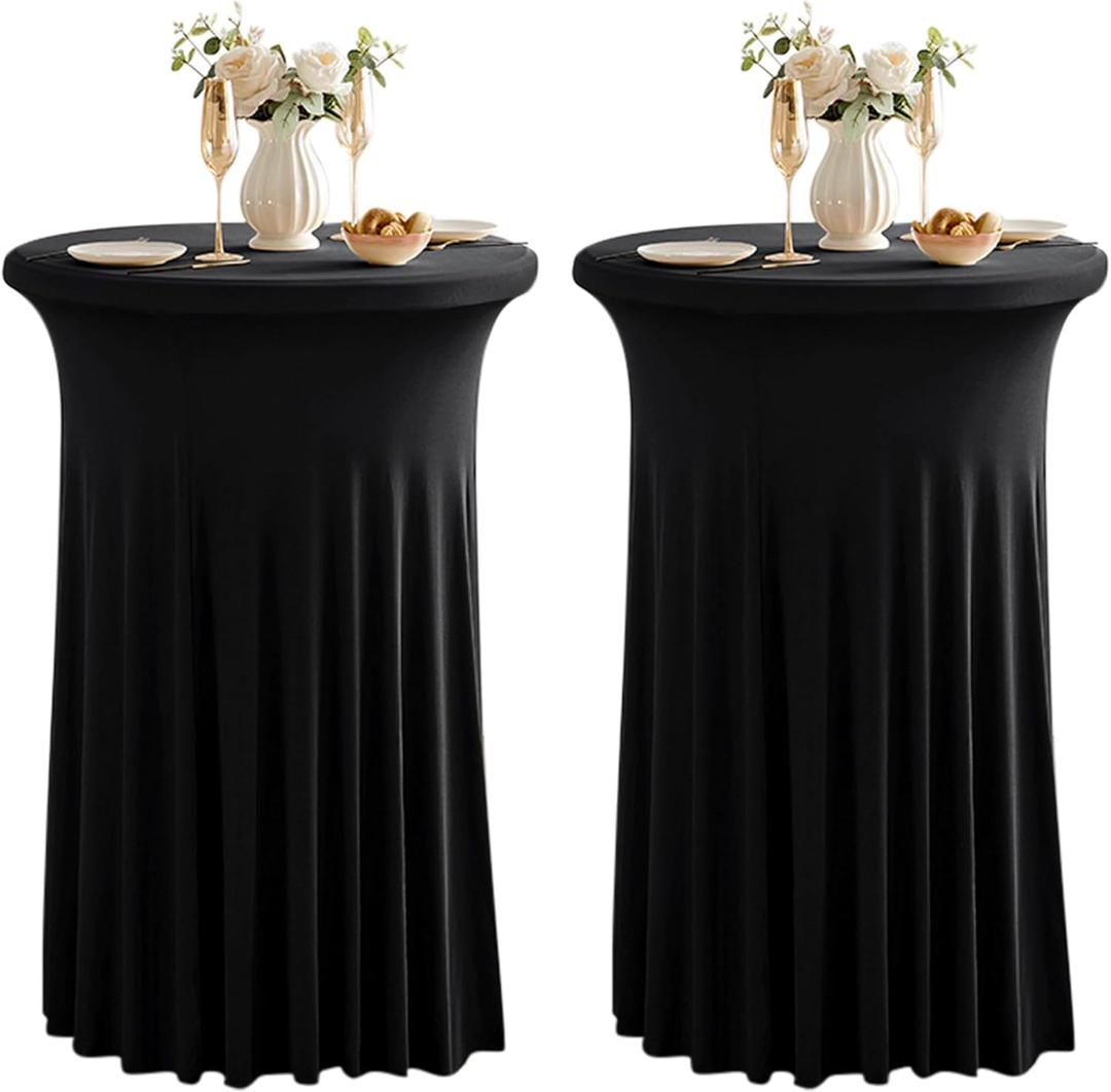 Dimatic 2 Pack Black High Top Cocktail Tablecloth Stretch Cocktail Table Cloth with Skirt Fitted 32 inch Round Spandex Table Cloths for Party Wedding Banquet Birthday