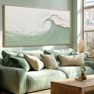 Green And White Wood Wall Decor Ocean Framed Wall Art Abstract Paintings Sea Wave Green Large Print Pictures for Office Hotel Gallery 24"x48"