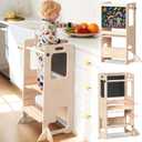 Worldmx Toddler Kitchen Step Stool, Adjustable Height Learning Standing Tower with Blackboard, Wooden Kitchen Stool Helper for Kids, 13 Year Old Boy Girl Gifts