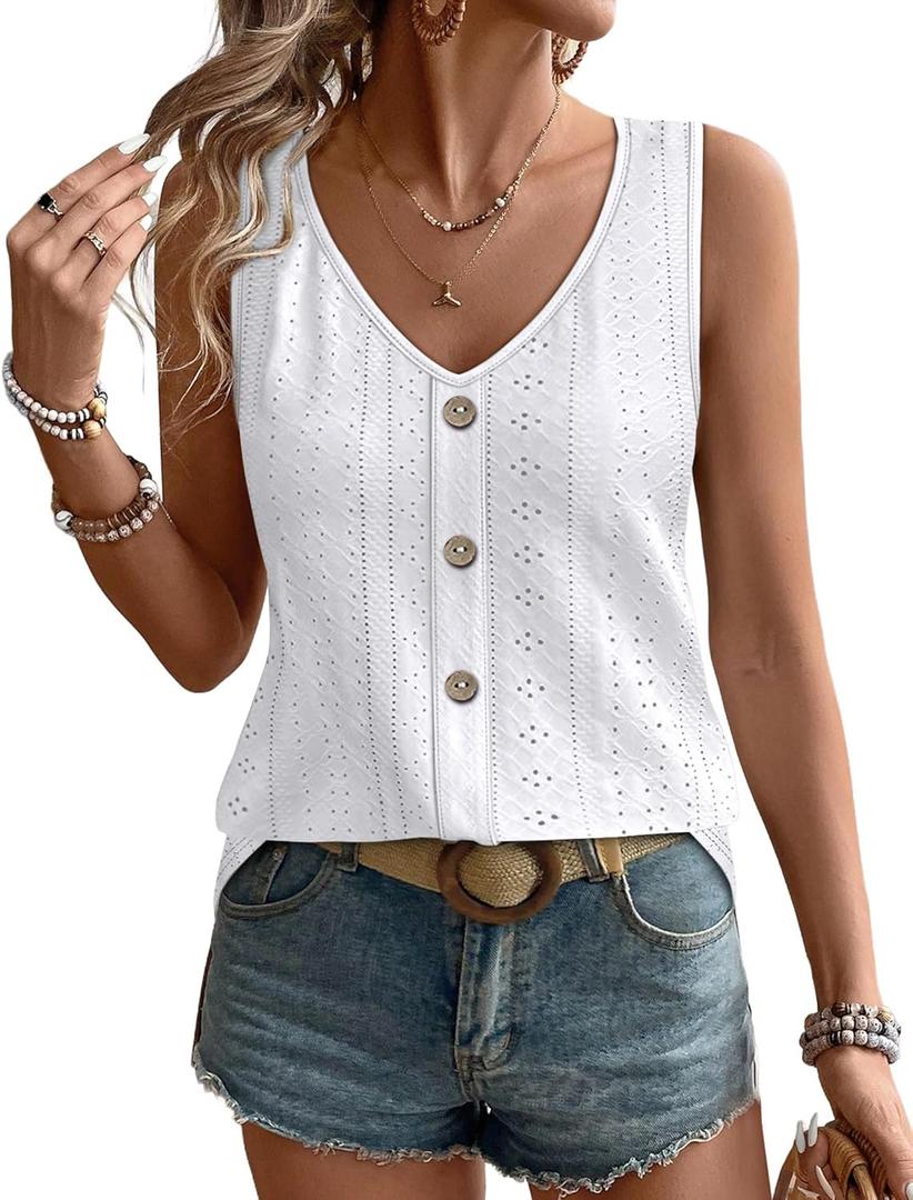 WIHOLL Womens Tank Tops Loose Casual Summer Tops Eyelet V Neck Basic Sleeveless Shirts Trendy 2026 (White, M)