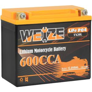 Weize Lithium YTX20L-BS, Group 20, 600A LiFePO4 Motorcycle Battery, 12V 8AH ATV, UTV, Jet Ski, 4 Wheeler, Snowmobile, Personal Watercraft, Seadoo, Polaris, Generator and Riding Lawn Mower Battery