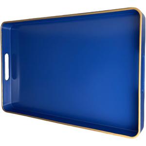 Navy Blue Serving Tray with Handles, Rectangular Decorative Tray for Coffee Table, Plastic Rectangular Tray for Ottoman, Living Room, Bathroom, Home Decor 15.7 x 10.2 x1.37