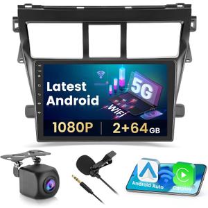 Hikity [2+64G] Android 15 Car Stereo for Toyota Yaris Vios 2007 2008 2009 2010 2011 2012, 9'' Touchscreen Car Radio with Wireless CarPlay Android Auto GPS Mirror Link WiFi BT SWC FM/RDS Backup Cam