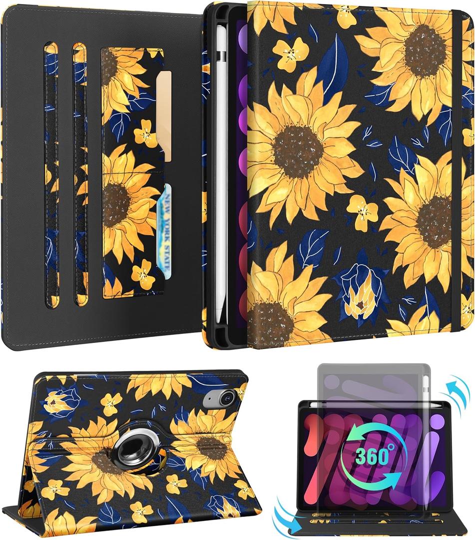 Kidcube for iPad mini 7 Case A17 Pro 2024, for iPad mini 6th Generation Case 8.3 Inch - Women Girls Kids Cute Rotating Stand Folio Cover with Pencil Holder & Card Slot Girly Kawaii Sunflower Cover