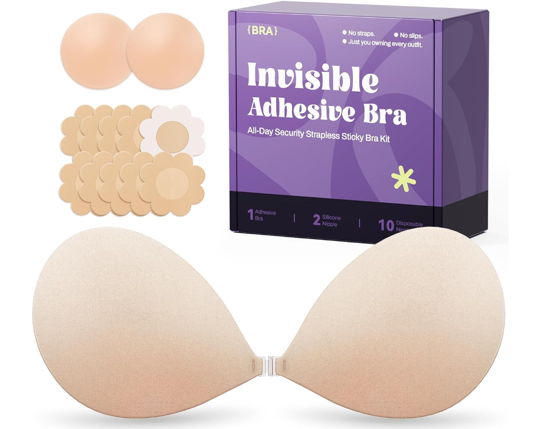 Invisible Strapless Sticky Bra Push up for Women, Ultra Adhesive Bra for Backless Dress, Cleavage Bra Lift Novelty Bras (B Cup, Light Beige)