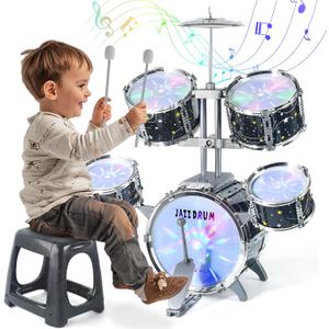 Kids Drum Set for Toddlers 1-3, Upgraded Jazz Drum Set for Kids, Musical Instrument Toys & Lights & All Plastic, Percussion Beginner kit for Boys Girls Toddlers Aged 3-5 5-7, Small