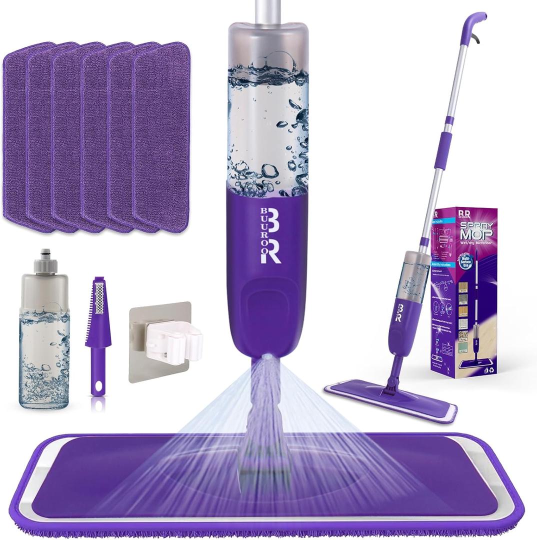 Microfiber Spray Mop for Floor Cleaning Dry Wet Dust Mop for Kitchen Wood Floor Hardwood Laminate Ceramic Tiles 360 Degree Mop Set with 6 Mop Heads Replacement 1 Scraper 1 Mop Holder 1 Bottle
