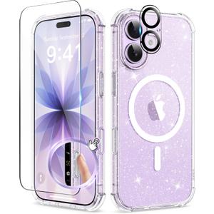 BERFY for iPhone 17 Case for Women, Clear Glitter Shockproof Protective Case, Anti-Yellowing, with Screen Protector & Camera Lens Protector 6.3", Magnetic Sparkle Clear